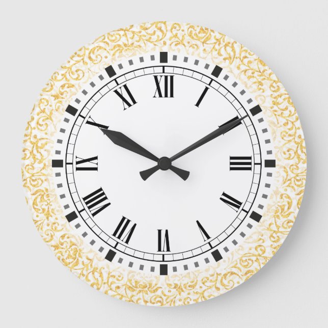Gold White Floral Damask William Morris Inspired Large Clock (Front)