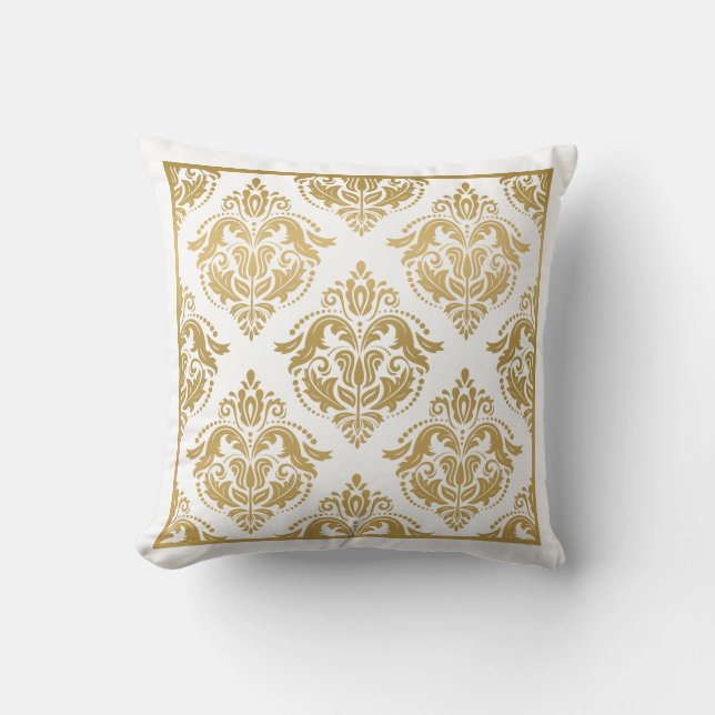 Gold & White Floral Damasks Geometric Pattern Cushion (Front)