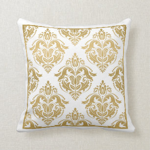 Gold & White Floral Damasks Geometric Pattern Cushion