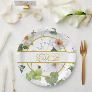 Gold White Floral Elegant Modern Monogram Paper Plate