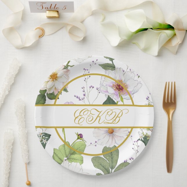 Gold White Floral Elegant Modern Monogram Paper Plate (Wedding)
