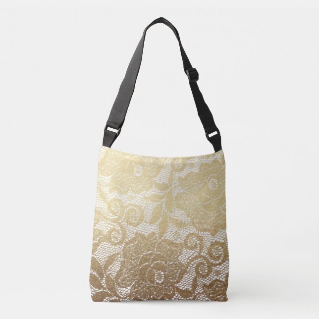 Gold & White Floral Faux Lace Crossbody Bag (Front)