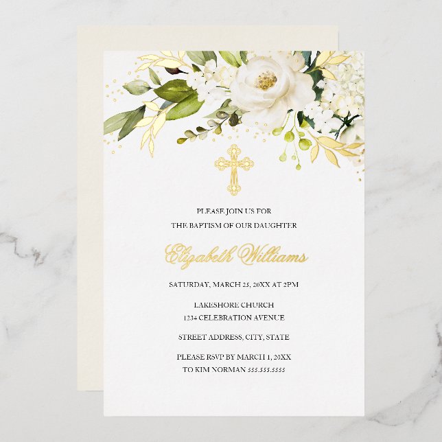 Gold White Floral Girl Baptism Foil Invitation (Front/Back)
