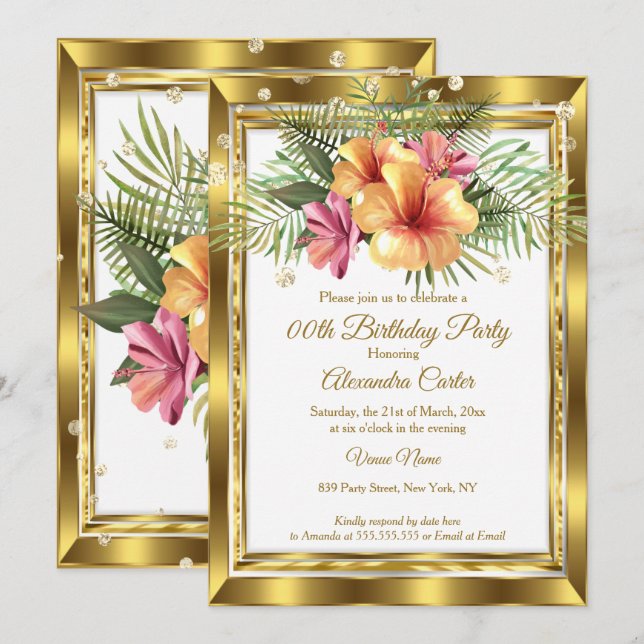 Gold white Floral Hibiscus Birthday Party Invitation (Front/Back)