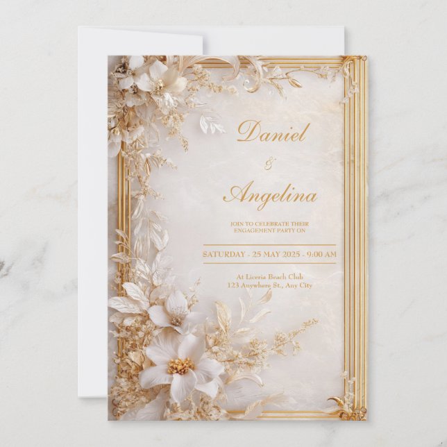 Gold White Floral Marble Glamourous Wedding Invitation (Front)