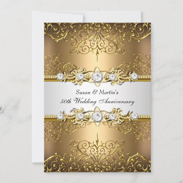 Gold White Floral Swirl 50th Wedding Anniversary Invitation (Front)
