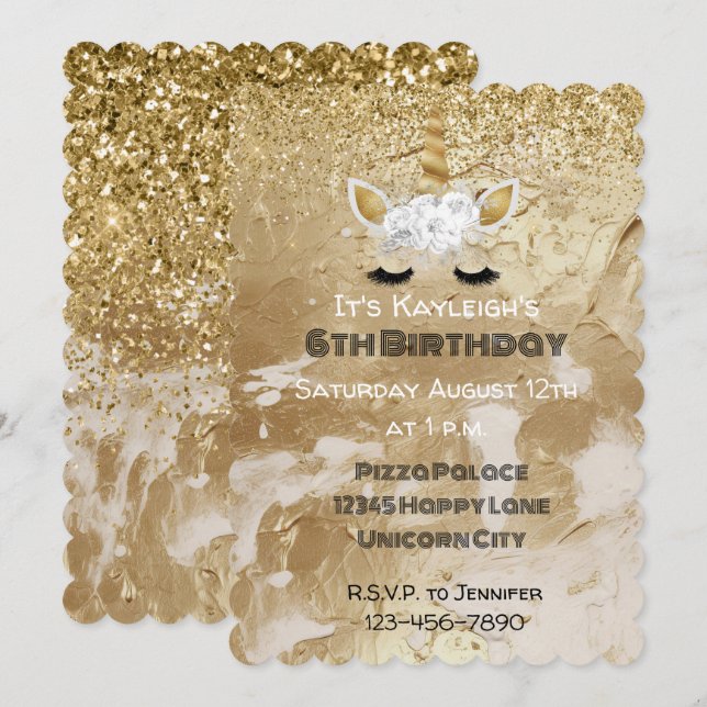 Gold White Floral Unicorn Sparkle  Invitation (Front/Back)