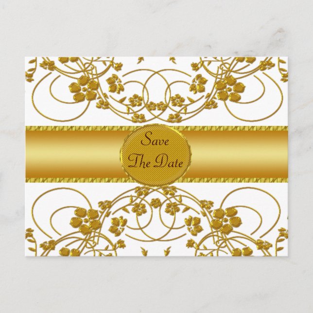 Gold & White Floral Wedding Monogram Announcement Postcard (Front)