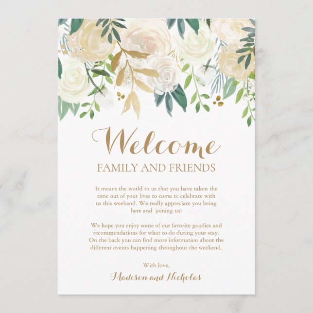 Gold White Flower Wedding Hotel Welcome Cards (Front)