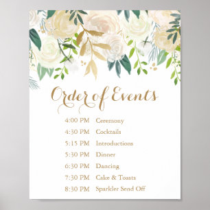 Gold White Flower Wedding Order of Events Sign