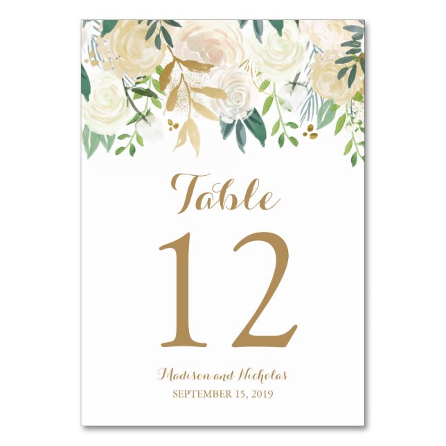 Gold White Flower Wedding Table Number Cards (Front)