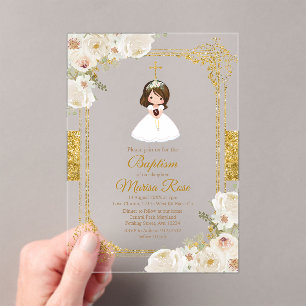 Gold White Flowers Girl First Holy Communion Acrylic Invitations
