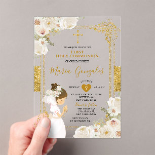 Gold White Flowers Girl First Holy Communion Acrylic Invitations