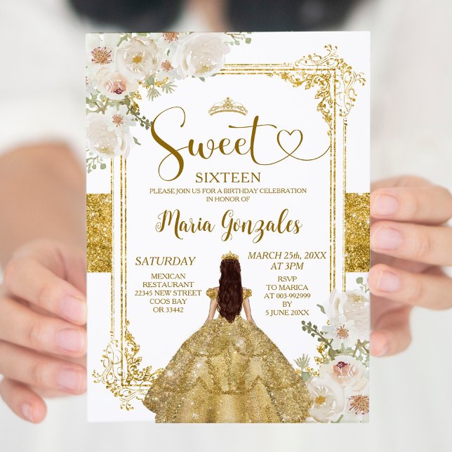 Gold & White Flowers Sweet Sixteen Crown Birthday Invitation (Creator Uploaded)