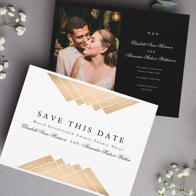 Gold White Geometric Gatsby Foil Save The Date Announcement (Creator Uploaded)