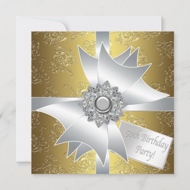 Gold White Gift Classy Damask 50th Birthday Invitation (Front)
