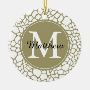 Gold White Giraffe Print Monogram Ceramic Tree Decoration