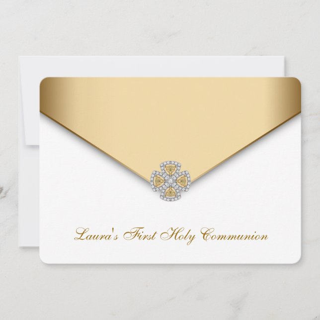 Gold White Girls First Holy Communion Invitation (Front)