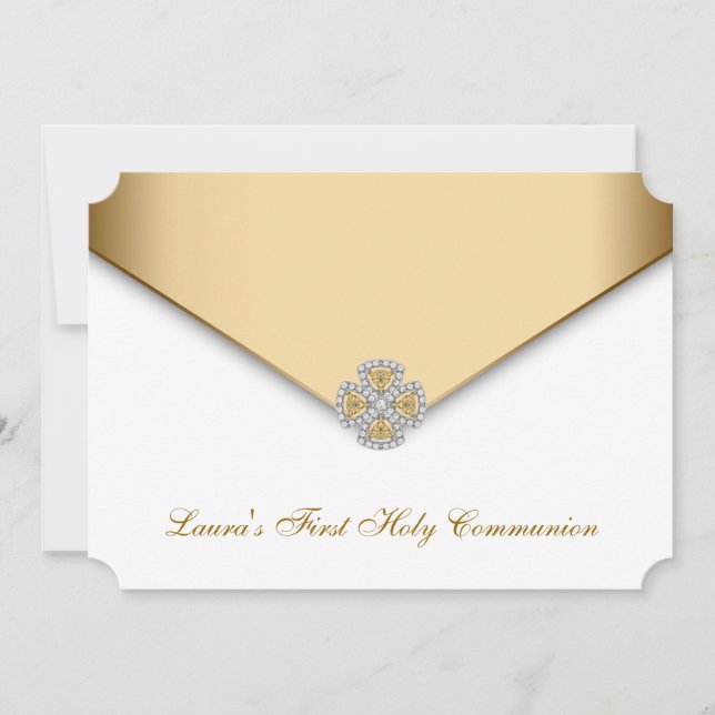 Gold White Girls First Holy Communion Invitation (Front)