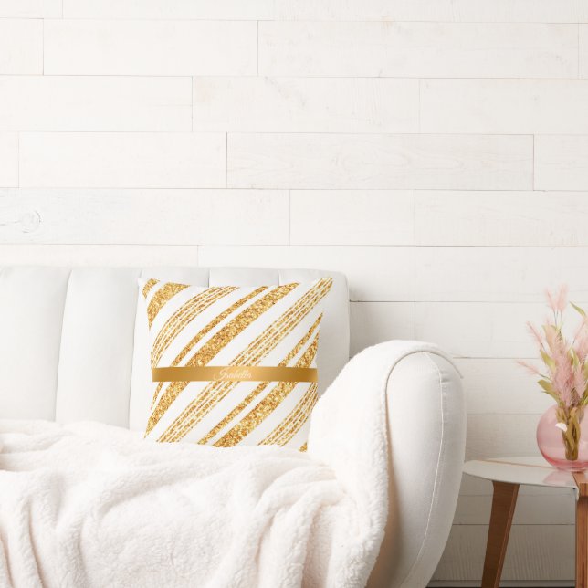 Gold White Glitter Boho Popular Stripes Collection Cushion (Couch)