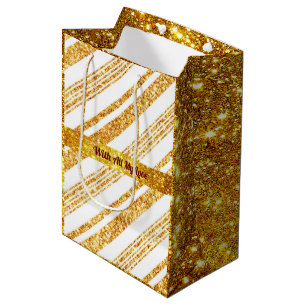 Gold White Glitter Boho Popular Stripes Collection Medium Gift Bag