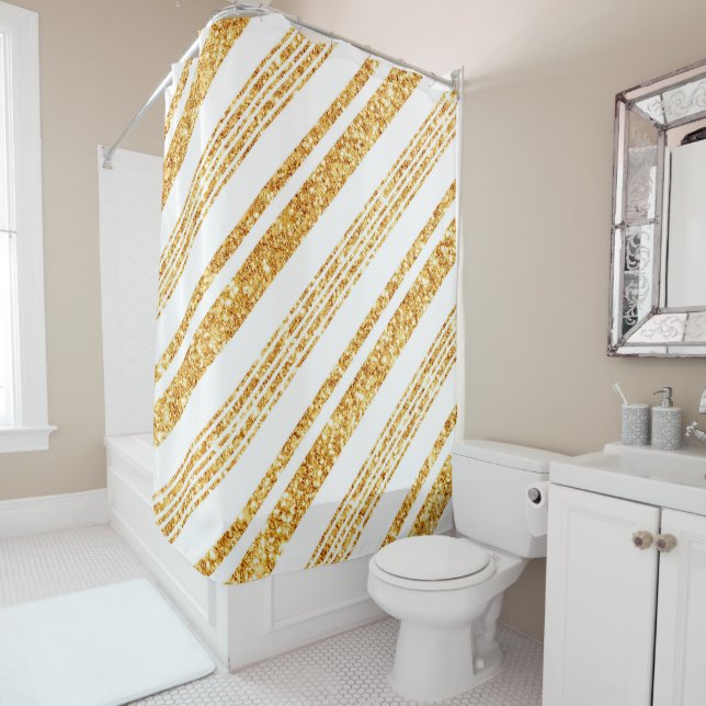 Gold White Glitter Boho Popular Stripes Collection Shower Curtain (In Situ)