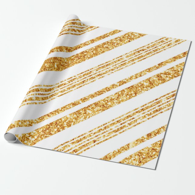 Gold White Glitter Boho Popular Stripes Collection Wrapping Paper (Unrolled)