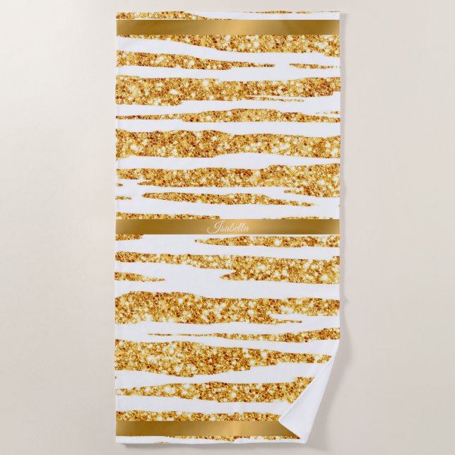 Gold White Glitter Boho Popular Tiger Collection Beach Towel (Front)