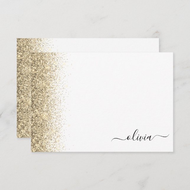 Gold White Glitter Script Monogram Girly Thank You Card (Front/Back)