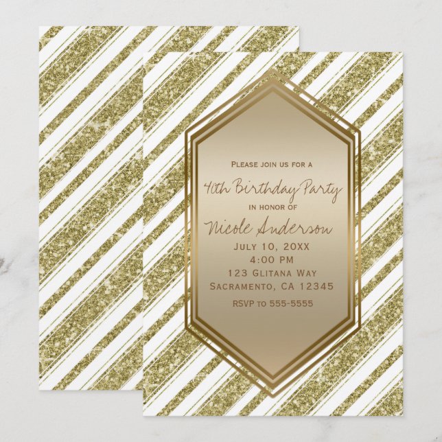 Gold White Glitter Stripes Birthday Party Event Invitation (Front/Back)
