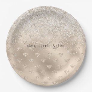 Gold White Glitz Glitter Diamonds Paper Plate