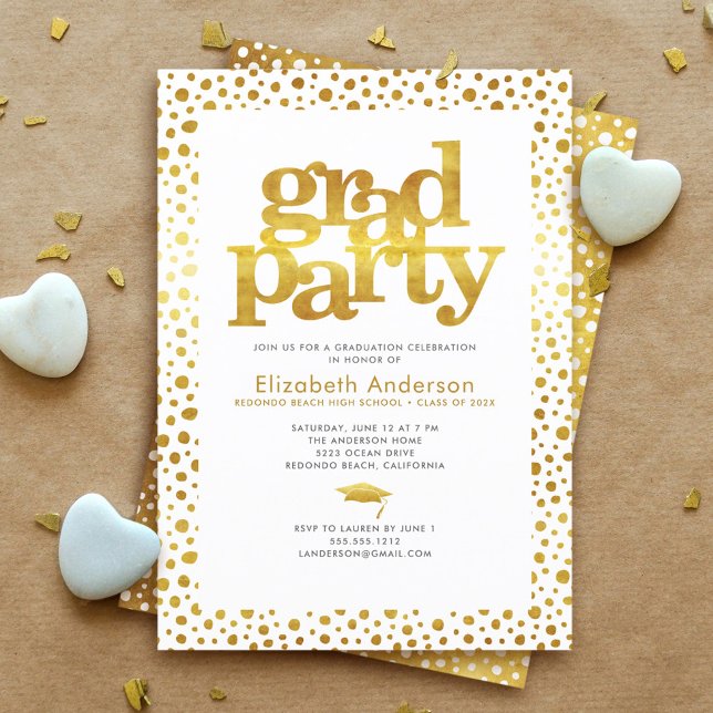 Gold white grad party modern bold typography chic invitation (Creator Uploaded)