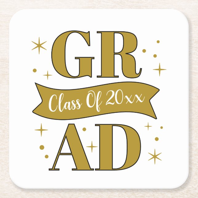Gold & White Graduation Party Square Paper Coaster (Front)
