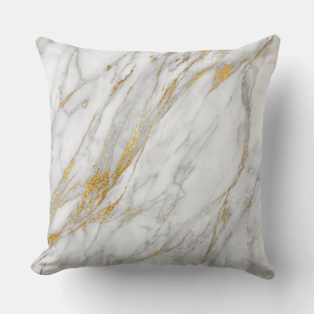 Gold White Gray Glam Carrara Marble Cushion (Front)
