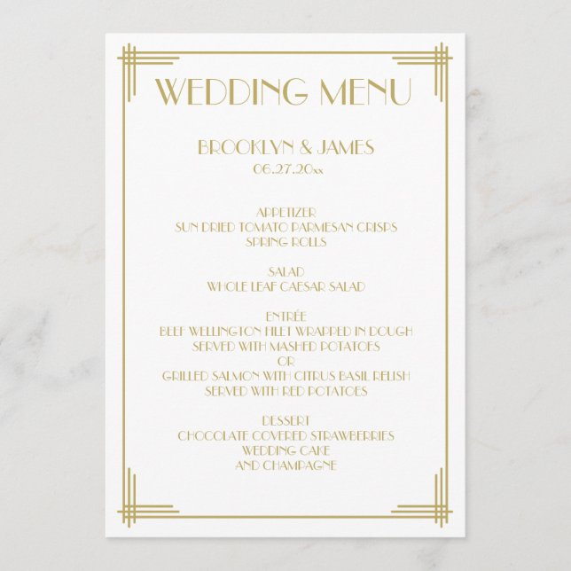 Gold White Great Gatsby Art Deco Wedding Menu (Front)