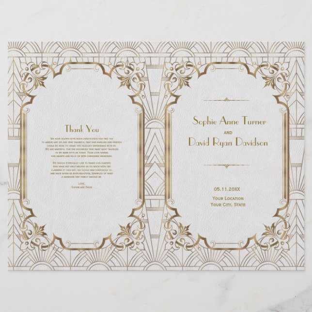 Gold White Great Gatsby Art Deco Wedding Program (Front)