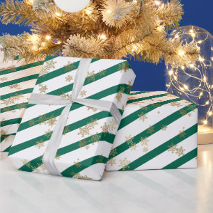 Gold White Green Christmas Snowflake Pattern Wrapping Paper