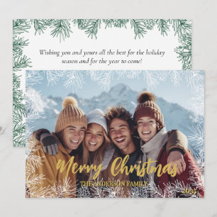 Gold White Green Modern Family Photo Christmas Holiday Card