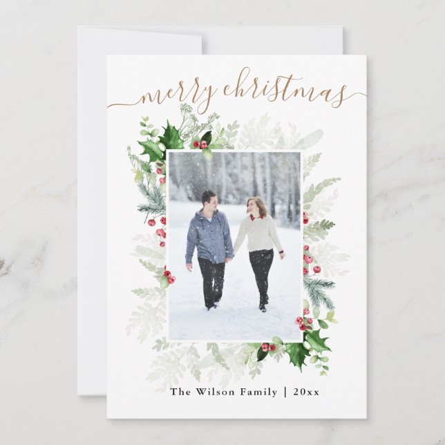 Gold White Greenery Merry Christmas Photo Holiday Card (Front)