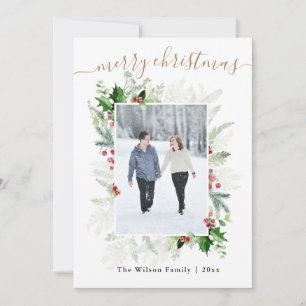 Gold White Greenery Merry Christmas Photo Holiday Card