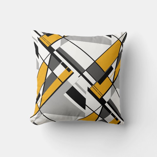 Gold White Grey Black Abstract Angular Design Cushion (Front)