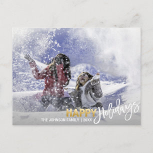 Gold White Happy Holidays Snowflakes   add PHOTO Holiday Postcard