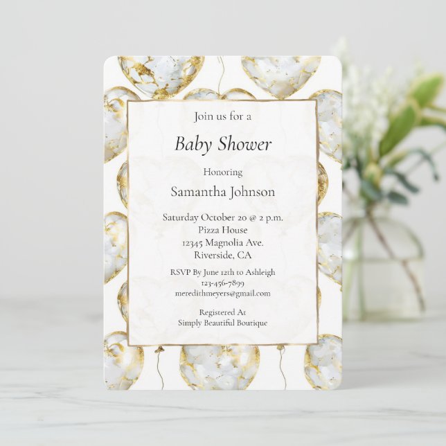 Gold White Heart Balloons Baby Shower Invitation (Standing Front)