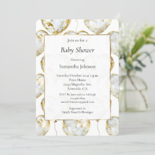 Gold White Heart Balloons Baby Shower Invitation