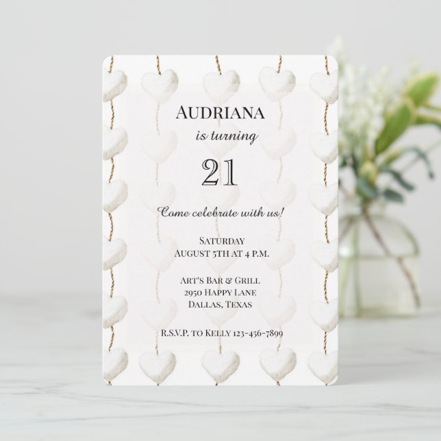 Gold White Hearts Boho Birthday Invitation (Standing Front)