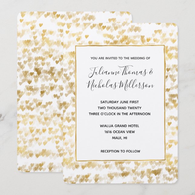 Gold White Hearts Wedding Invites (Front/Back)