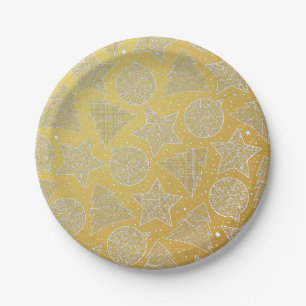 Gold & White Holiday Pattern Custom Christmas Paper Plate