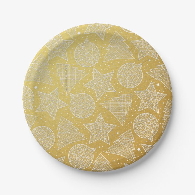 Gold & White Holiday Pattern Custom Christmas Paper Plate (Front)