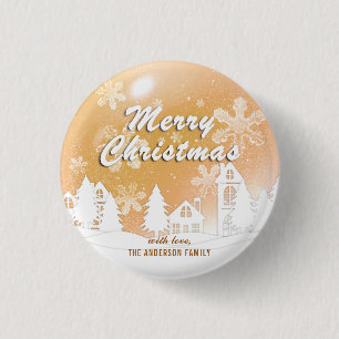 Gold White House Snowflakes Xmas Happy New Year  3 Cm Round Badge