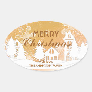 Gold White House Snowflakes Xmas Happy New Year Oval Sticker